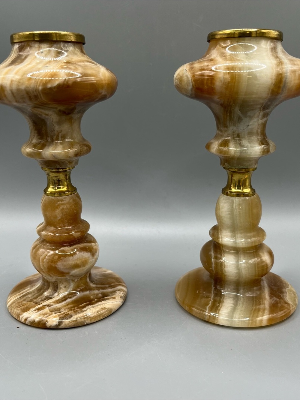 Vintage Onyx White Brown Marble Slag Stone Taper Candlestick Holders 6”